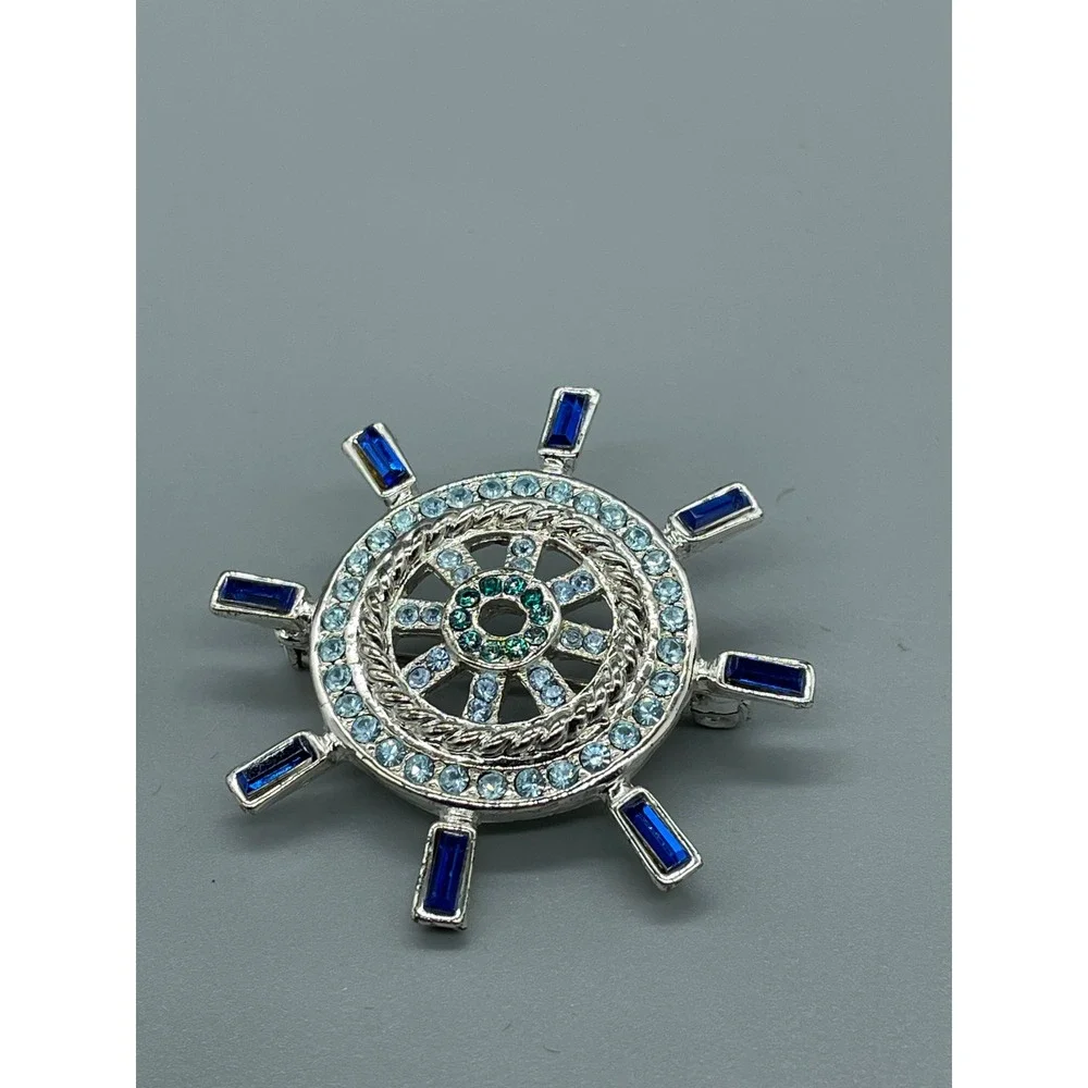 Monet Vintage Ships‎ Wheel Brooch Silver Tone Blue Teal Rhinestone Nautical Pin
